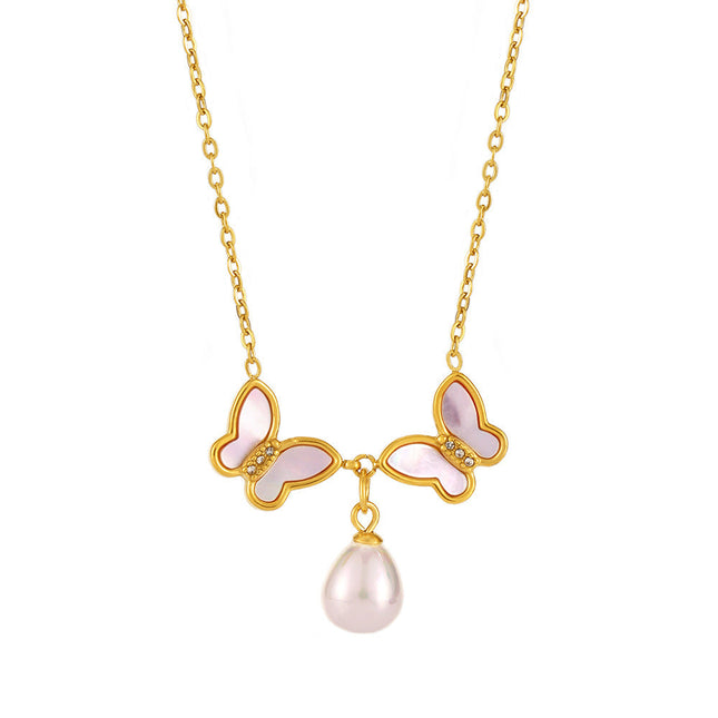 Mystery Stainless Steel Natural Shell Double Butterfly Set Diamond Shell Bead Clavicle Necklace PVD Plating 18K Real Gold Jewelry Female