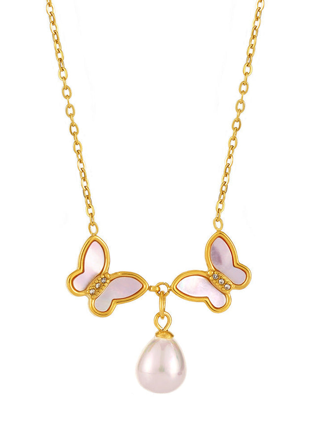 Mystery Stainless Steel Natural Shell Double Butterfly Set Diamond Shell Bead Clavicle Necklace PVD Plating 18K Real Gold Jewelry Female