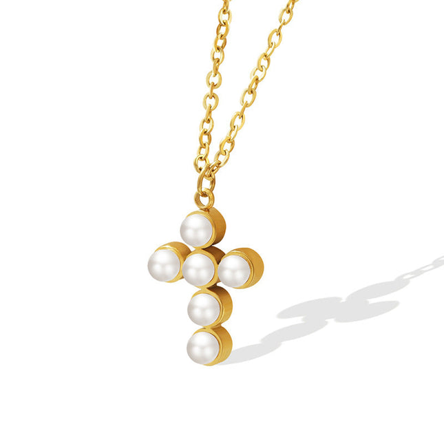 French imitation pearl cross light luxury pendant necklace niche design sense fashion versatile clavicle chain jewelry wholesale