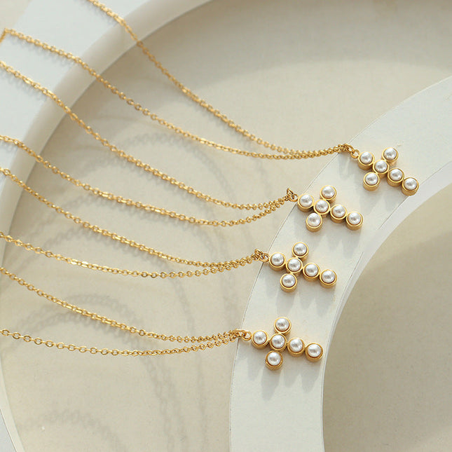 French imitation pearl cross light luxury pendant necklace niche design sense fashion versatile clavicle chain jewelry wholesale