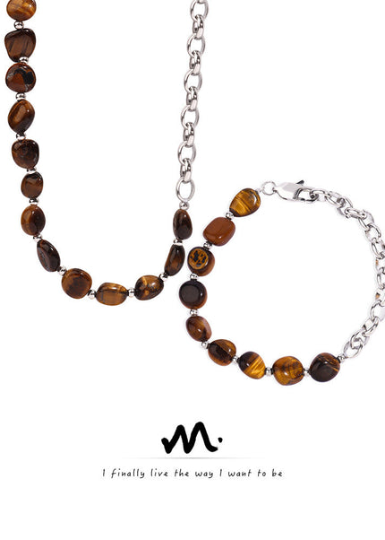 European and American new retro fashion personality design sense natural tiger's eye handmade beaded necklace bracelet set ornaments