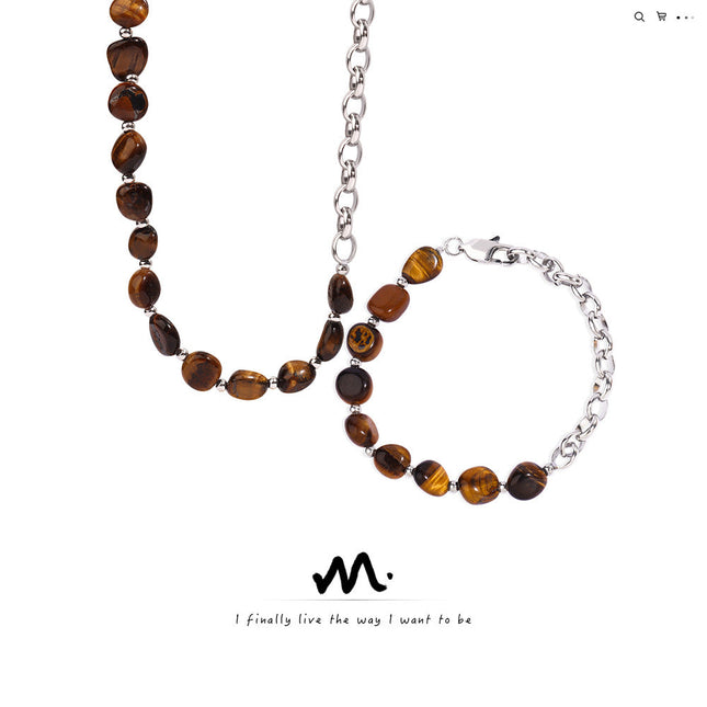 European and American new retro fashion personality design sense natural tiger's eye handmade beaded necklace bracelet set ornaments