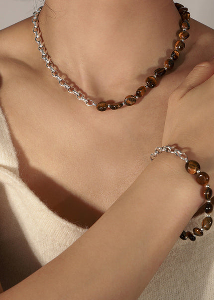 European and American new retro fashion personality design sense natural tiger's eye handmade beaded necklace bracelet set ornaments