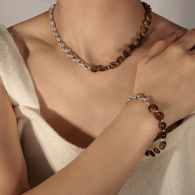 European and American new retro fashion personality design sense natural tiger's eye handmade beaded necklace bracelet set ornaments