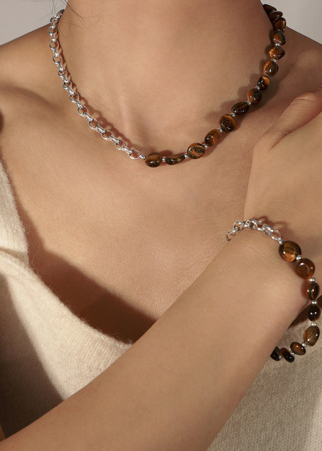 European and American new retro fashion personality design sense natural tiger's eye handmade beaded necklace bracelet set ornaments