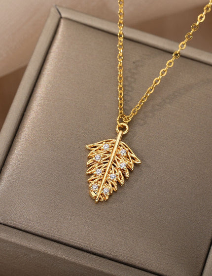 Lipton Pendant Necklace | Gold Leaf Zirconia Stone Chain - Gold - Necklaces