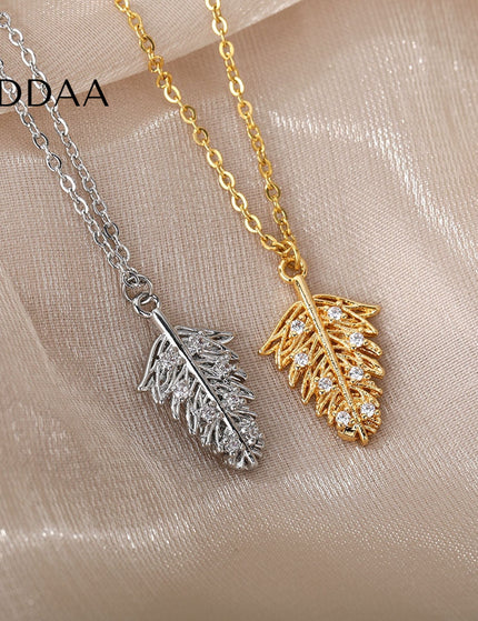 Lipton Pendant Necklace | Gold Leaf Zirconia Stone Chain - Silver - Necklaces