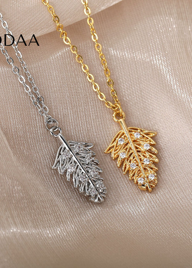 Lipton Pendant Necklace | Gold Leaf Zirconia Stone Chain - Silver - Necklaces