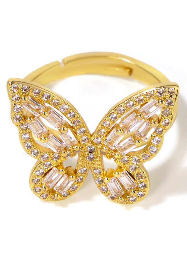 Mystery ins butterfly fairy zircon ring fashion personality copper plated 18K gold niche open ring cross-border supply