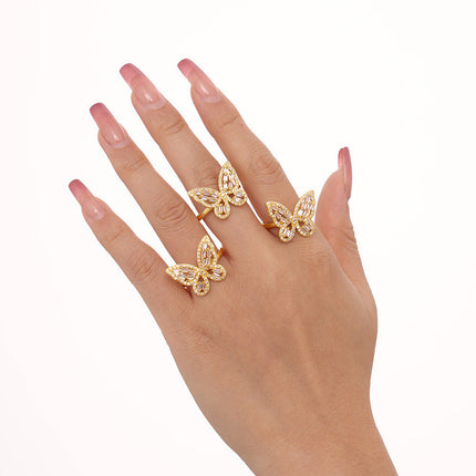 Mystery ins butterfly fairy zircon ring fashion personality copper plated 18K gold niche open ring cross-border supply