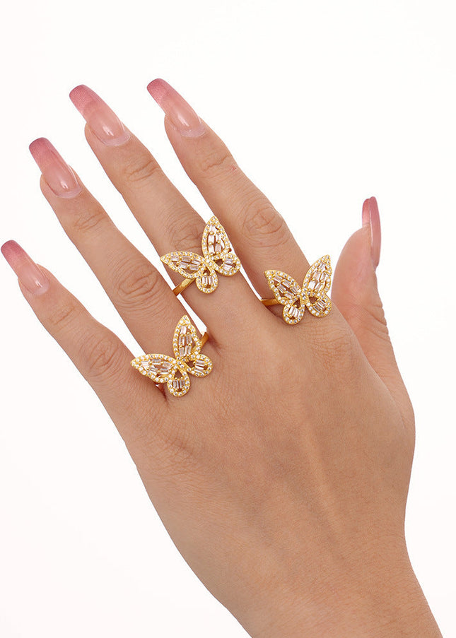 Mystery ins butterfly fairy zircon ring fashion personality copper plated 18K gold niche open ring cross-border supply