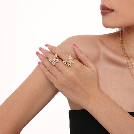 Mystery ins butterfly fairy zircon ring fashion personality copper plated 18K gold niche open ring cross-border supply
