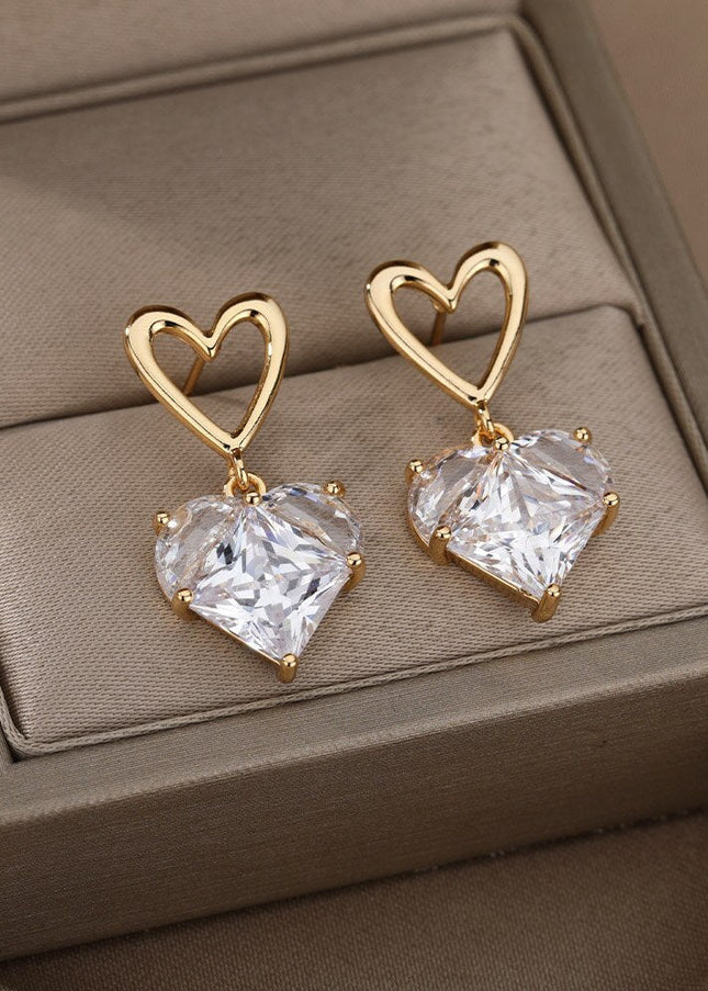 Lisse Earrings | Gold Zirconia Cute Heart Drop Earrings - Gold - Earrings