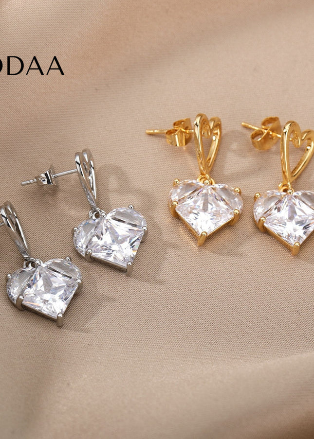 Lisse Earrings | Gold Zirconia Cute Heart Drop Earrings - Silver - Earrings