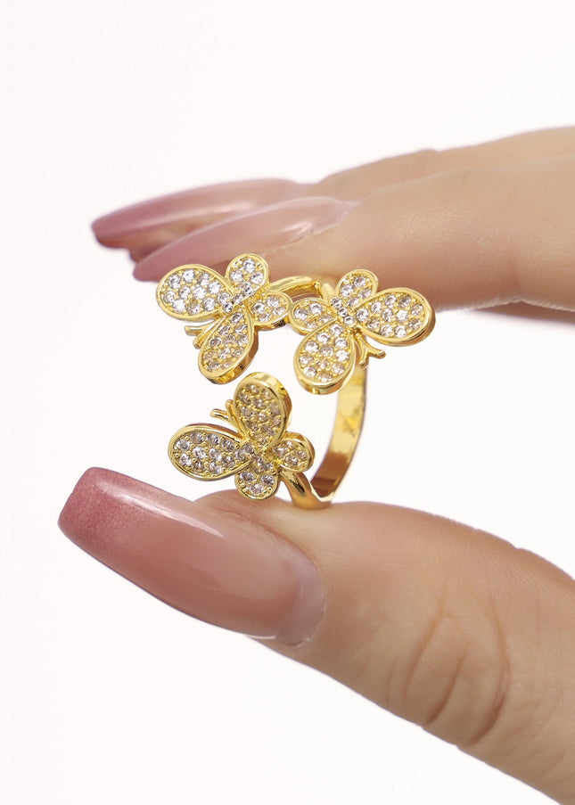 Mystery ins splicing butterfly flower inlaid zircon open ring copper plated 18k real gold fairy girl literary accessories