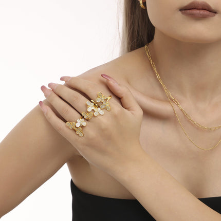 Mystery ins splicing butterfly flower inlaid zircon open ring copper plated 18k real gold fairy girl literary accessories