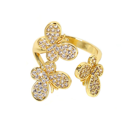 Mystery ins splicing butterfly flower inlaid zircon open ring copper plated 18k real gold fairy girl literary accessories