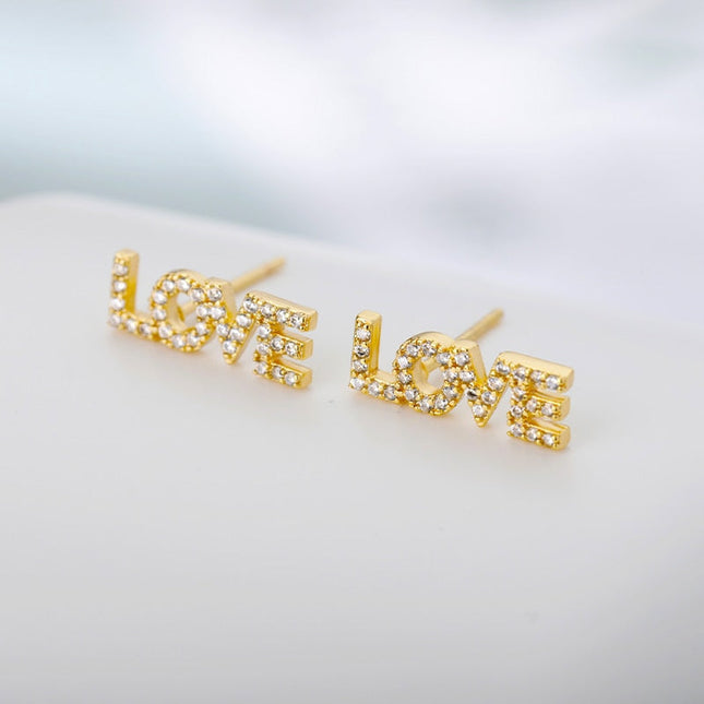 Love Letter Earrings | Gold Love Zirconia Stud Earrings - Gold - Earrings