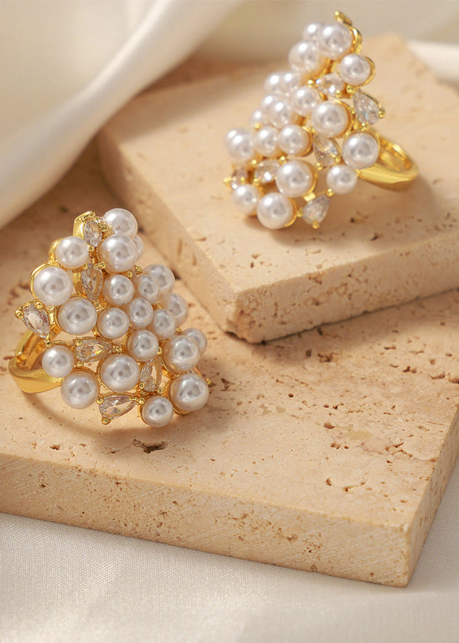 European and American new fashion, light luxury copper material irregular design, zircon, imitation pearl, adjustable ring jewelry women