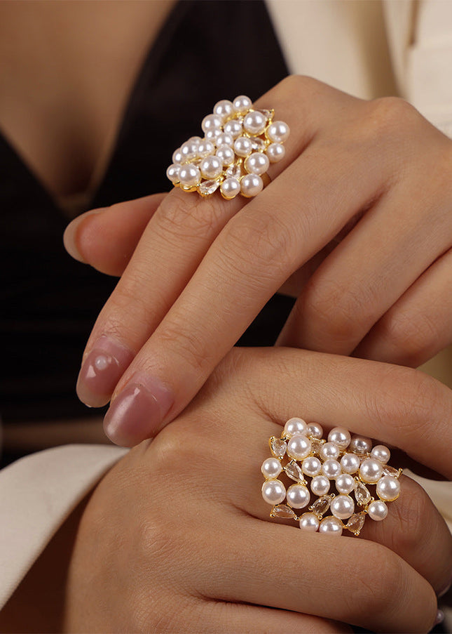 European and American new fashion, light luxury copper material irregular design, zircon, imitation pearl, adjustable ring jewelry women