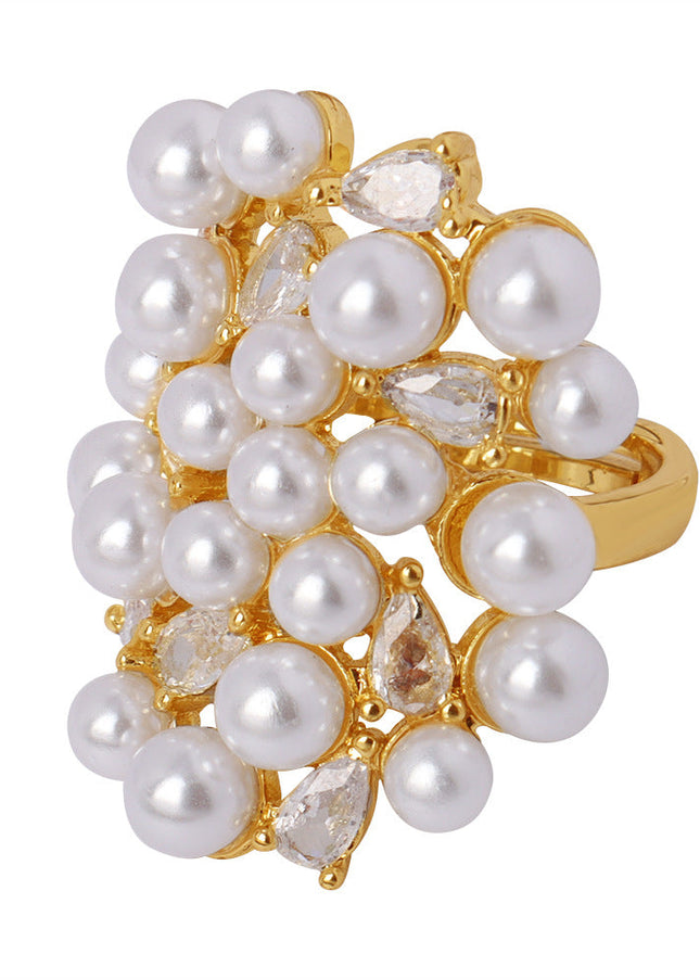 European and American new fashion, light luxury copper material irregular design, zircon, imitation pearl, adjustable ring jewelry women