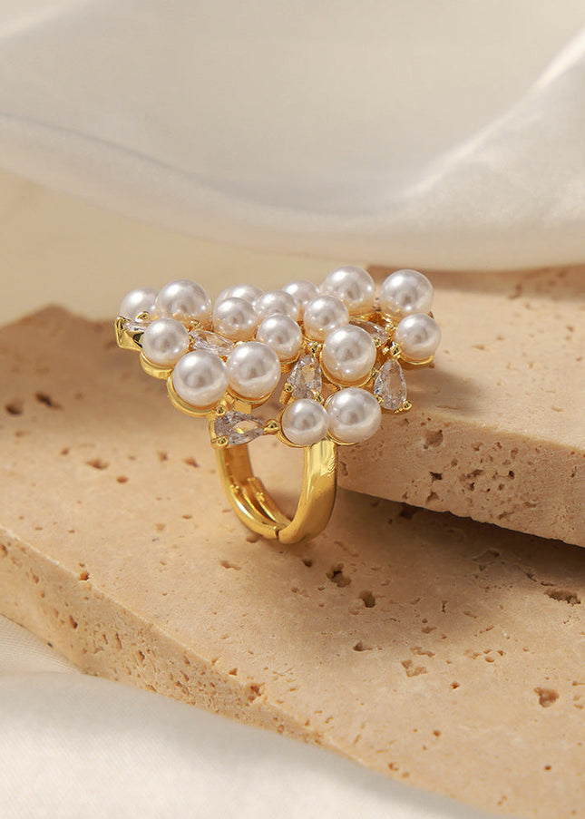 European and American new fashion, light luxury copper material irregular design, zircon, imitation pearl, adjustable ring jewelry women