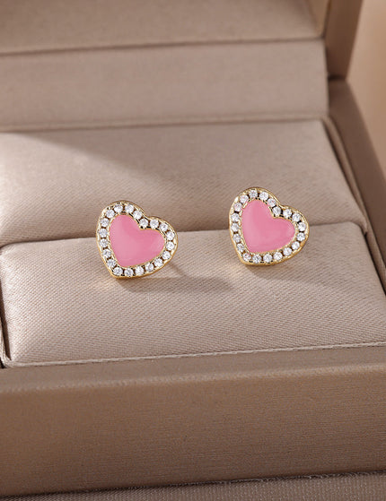 Lover Earrings | Gold Cute Pink Heart Zirconia Stud Earrings