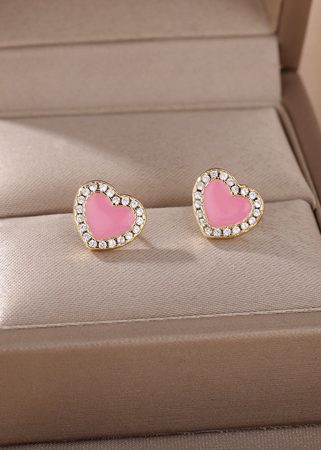Lover Earrings | Gold Cute Pink Heart Zirconia Stud Earrings