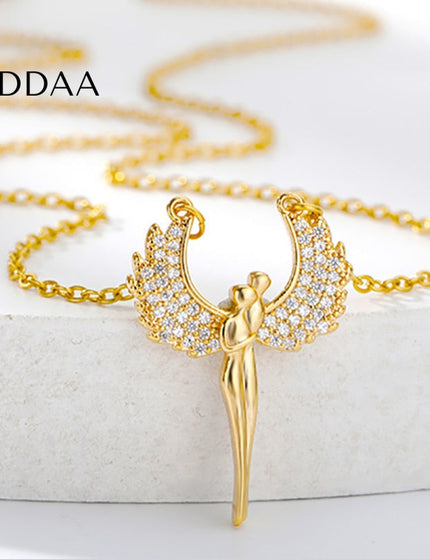 Lovers Pendant Necklace | Gold Angel Zirconia Chain - Gold - Necklaces