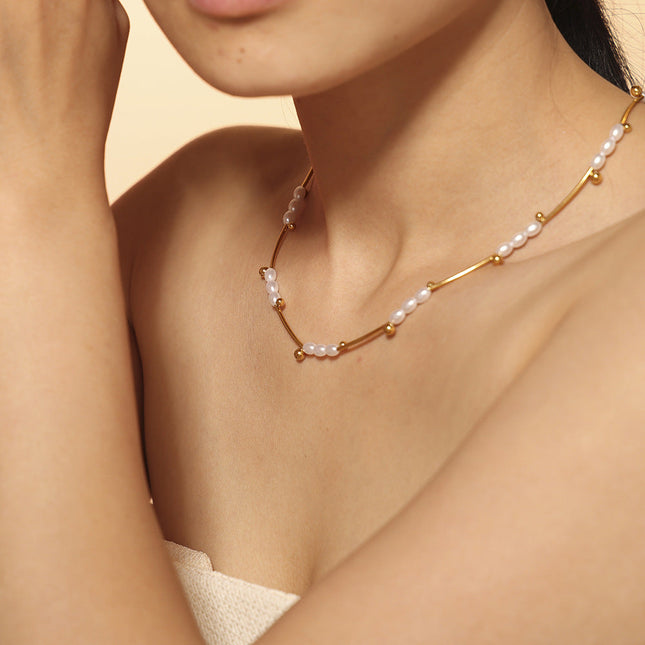 Natural baroque imitation pearl batch flower tube beads light luxury clavicle chain temperament necklace titanium steel plated 18k real gold