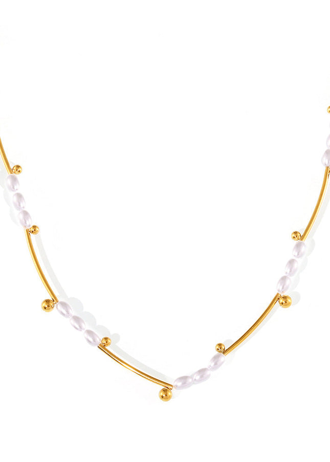 Natural baroque imitation pearl batch flower tube beads light luxury clavicle chain temperament necklace titanium steel plated 18k real gold