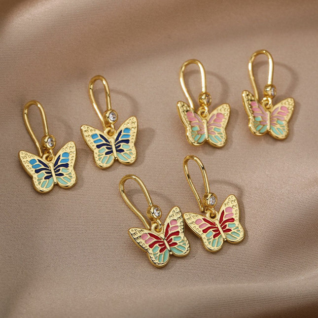 Luciole Earrings | Gold Colorful Butterfly Animal Drop Earrings - Earrings