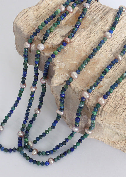 Natural faceted phoenix lapis lazuli colored freshwater pearl beaded handmade necklace feminine temperament west queen clavicle chain