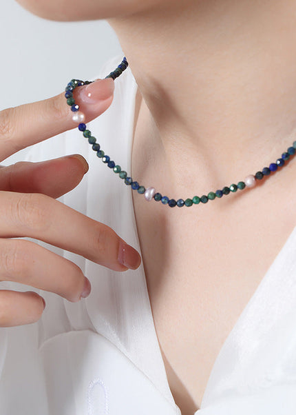 Natural faceted phoenix lapis lazuli colored freshwater pearl beaded handmade necklace feminine temperament west queen clavicle chain