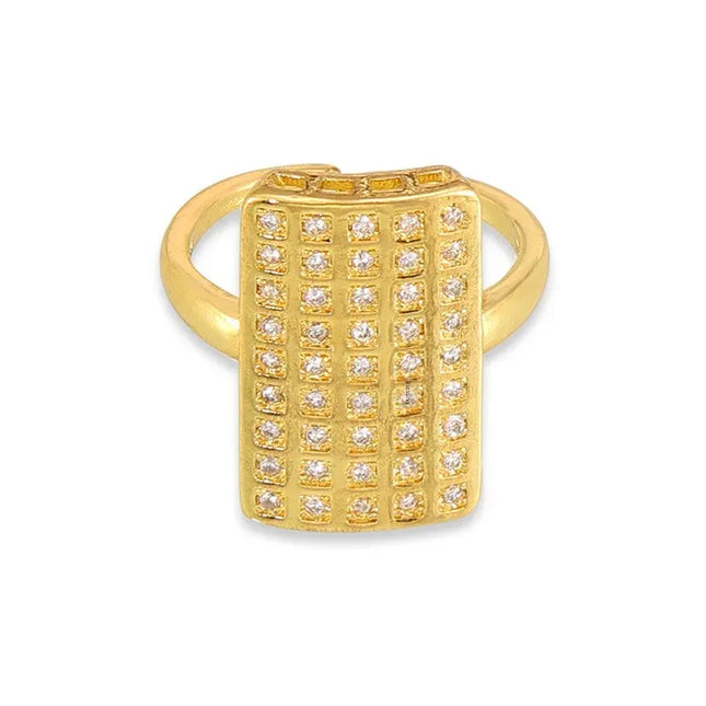 Exaggerated personality, hip-hop style, niche, unique ring, geometric wide version, full of diamonds, design, copper gold-plated open ring