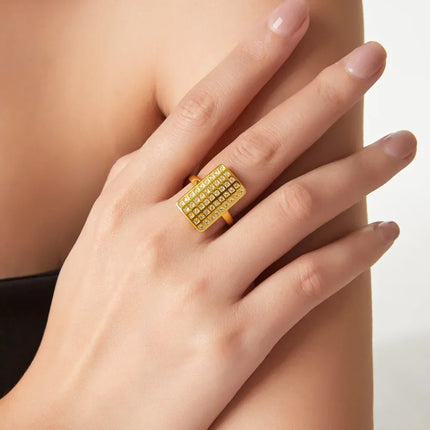 Exaggerated personality, hip-hop style, niche, unique ring, geometric wide version, full of diamonds, design, copper gold-plated open ring
