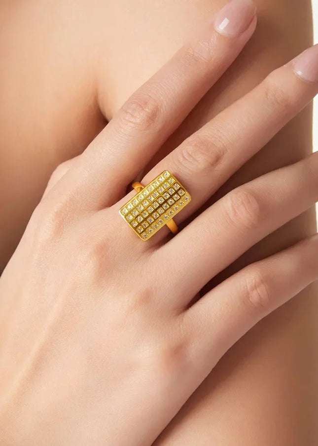 Exaggerated personality, hip-hop style, niche, unique ring, geometric wide version, full of diamonds, design, copper gold-plated open ring