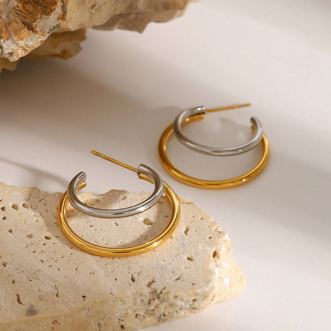 Jieding European and American stainless steel C-shaped earrings contrast high-end sense ins color-blocked earrings cross-border electroplated titanium steel earrings