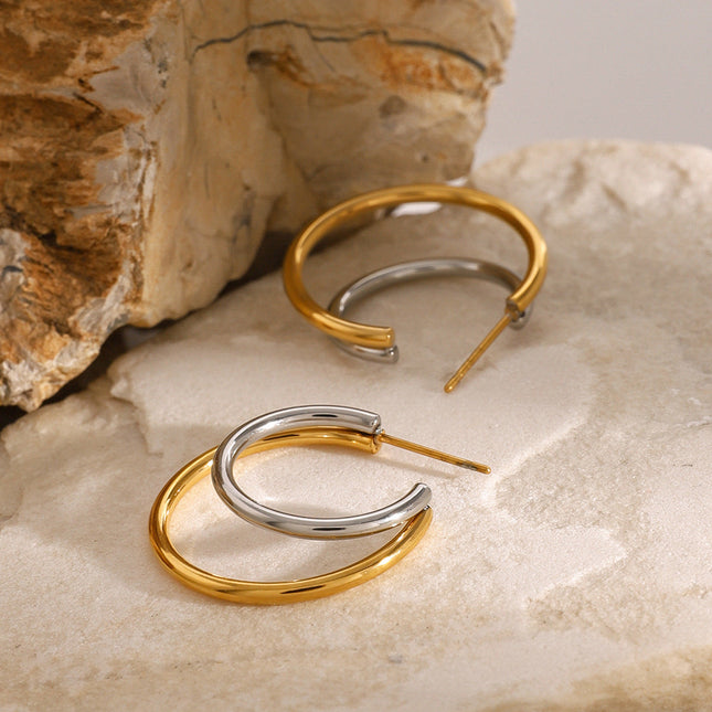 Jieding European and American stainless steel C-shaped earrings contrast high-end sense ins color-blocked earrings cross-border electroplated titanium steel earrings