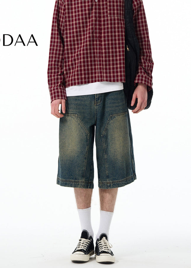 MADWITCH SUMMER NEW CARGO DENIM CROPPED PANTS MEN’S AND WOMEN’S AMERICAN TREND STRAIGHT WASH LOGGING PANTS SHORTS - S