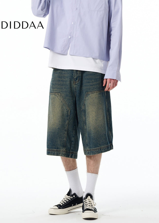 MADWITCH SUMMER NEW CARGO DENIM CROPPED PANTS MEN’S AND WOMEN’S AMERICAN TREND STRAIGHT WASH LOGGING PANTS SHORTS