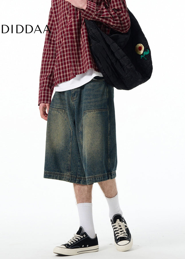 MADWITCH SUMMER NEW CARGO DENIM CROPPED PANTS MEN’S AND WOMEN’S AMERICAN TREND STRAIGHT WASH LOGGING PANTS SHORTS