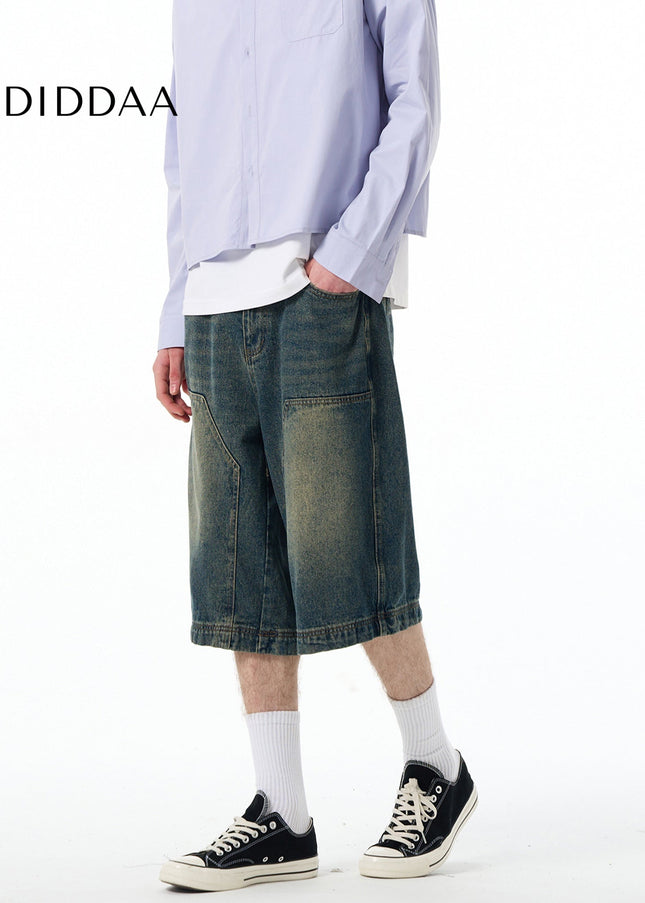 MADWITCH SUMMER NEW CARGO DENIM CROPPED PANTS MEN’S AND WOMEN’S AMERICAN TREND STRAIGHT WASH LOGGING PANTS SHORTS