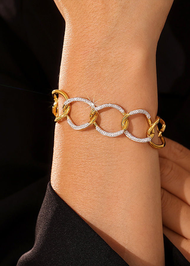 European and American light luxury design sense diamond exaggerated bracelet titanium steel plated 18k gold fashion versatile personality punk style hand ornament