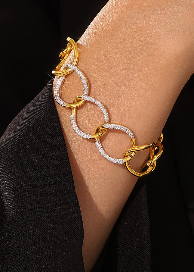 European and American light luxury design sense diamond exaggerated bracelet titanium steel plated 18k gold fashion versatile personality punk style hand ornament