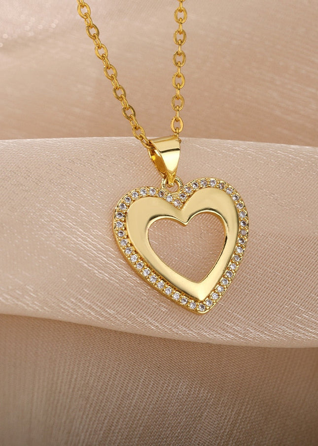 March Pendant Necklace | Gold Zirconia Hollow Heart Chain - Gold - Necklaces