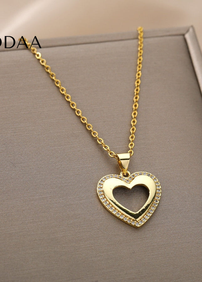 March Pendant Necklace | Gold Zirconia Hollow Heart Chain - Gold - Necklaces