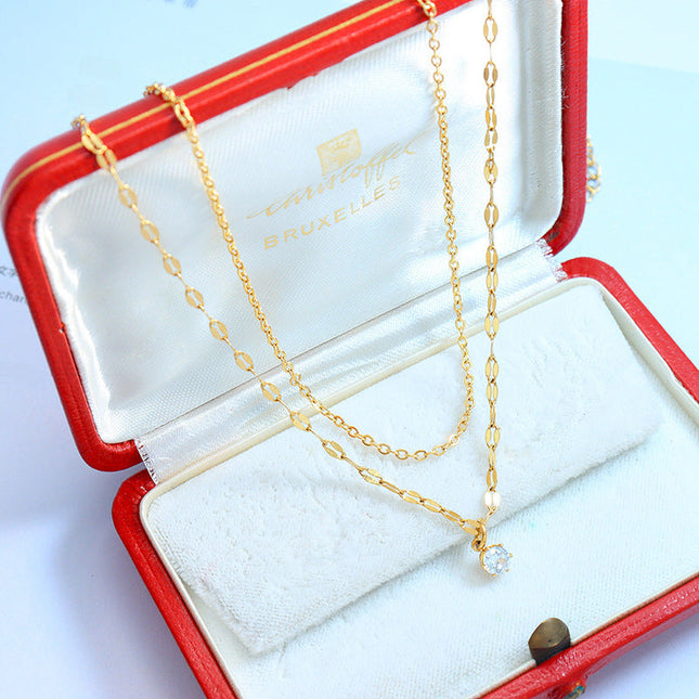 Korean ins style simple small necklace with a sense of design double-layered zircon chain, titanium steel jewelry, clavicle necklace