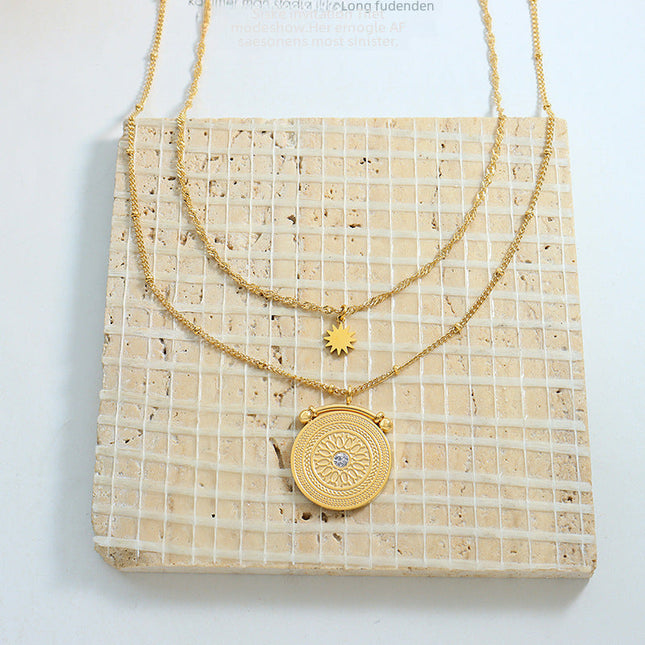 Eight star mang, double-layer necklace with diamond texture, fashionable and versatile, titanium steel jewelry, gold-plated clavicle chain jewelry, girls