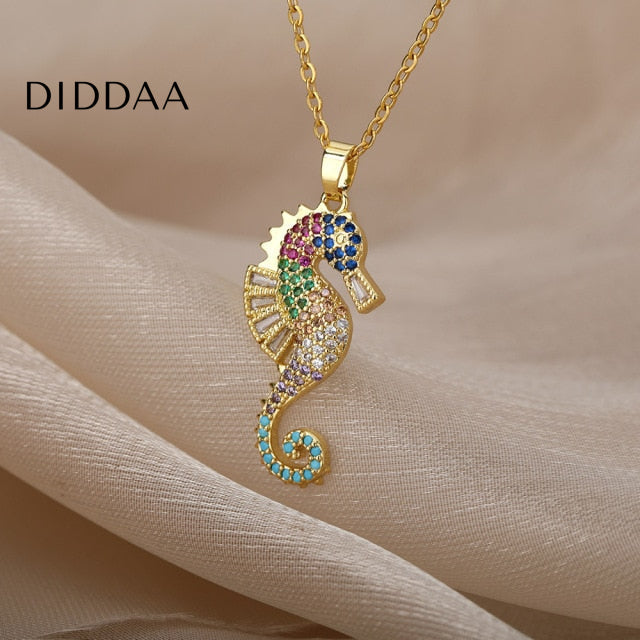 Marine Pendant Necklace | Gold Colorful Zirconia Sea Horse Chain - Gold - Necklaces